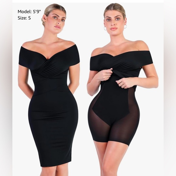 Popilush The Shapewear Dress Off Shoulder V Neck Ruched Built Bodycon Midi Small - Picture 1 of 4